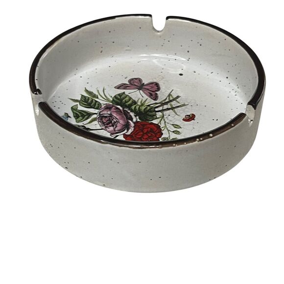 Vintage MCM Speckled Brown Butterfly & Floral Motif Ashtray Stoneware Japan Boho - Picture 5 of 7